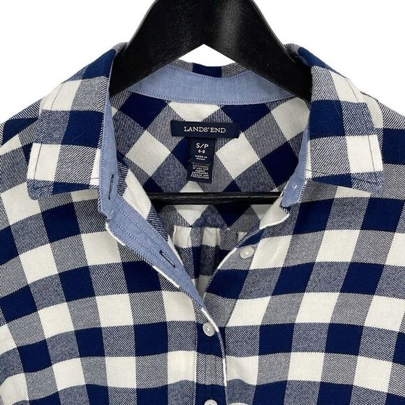 Land's End Womens Gingham‎ Long Sleeve Flannel Button Up Shirt Blue Size Small - Picture 2 of 8